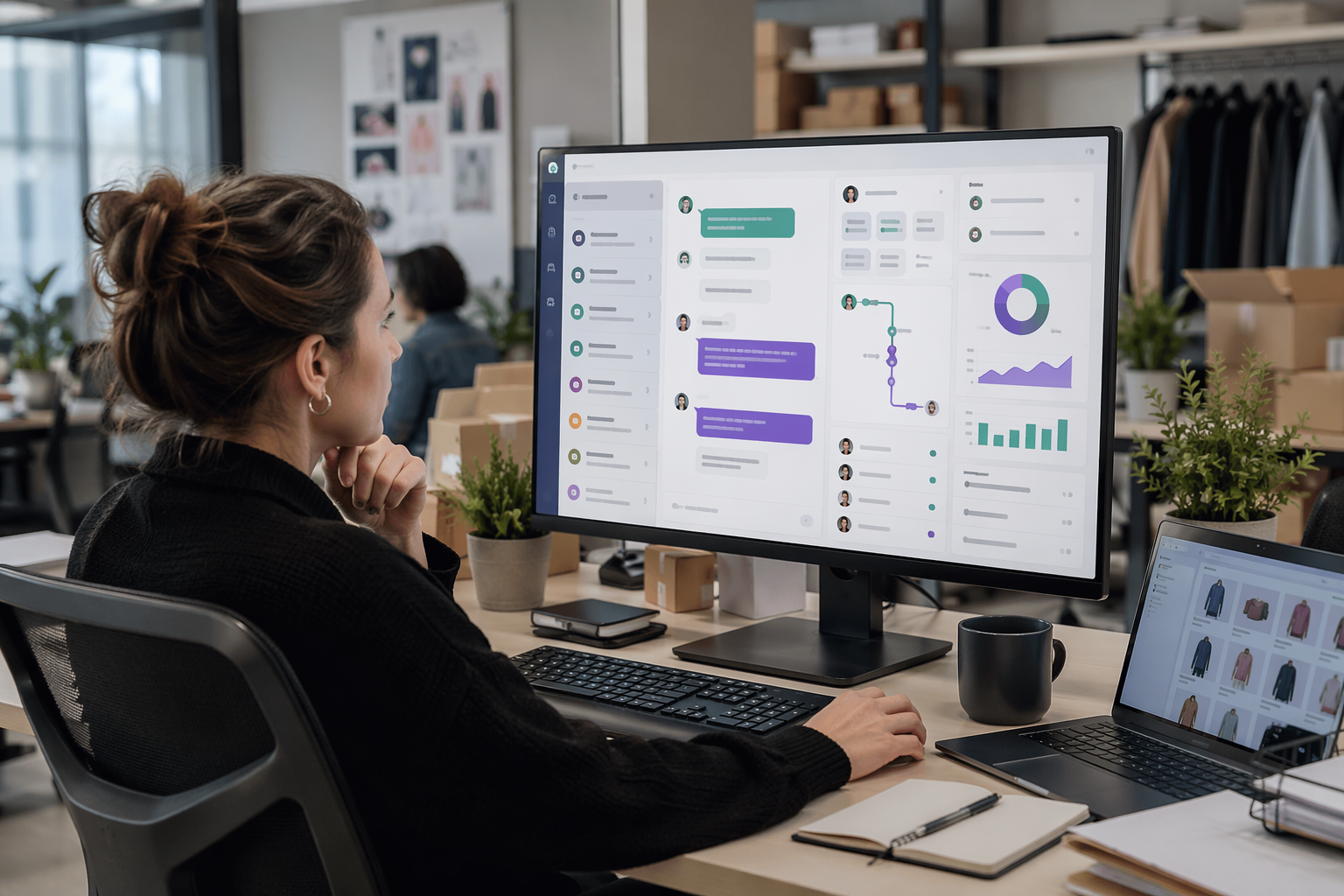 Customer support lead reviewing live chat dashboard in ecommerce office