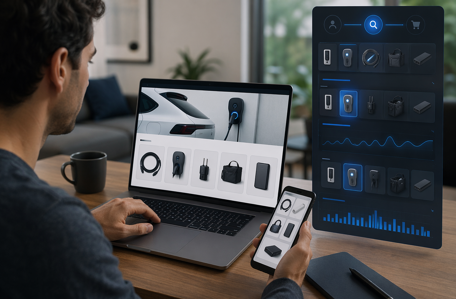 Shopper comparing EV accessories with AI real-time suggestions