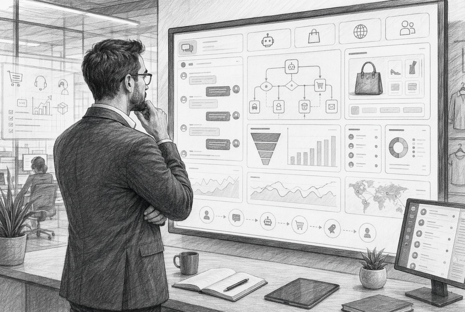 Customer support manager reviews chatbot workflow on retail dashboard