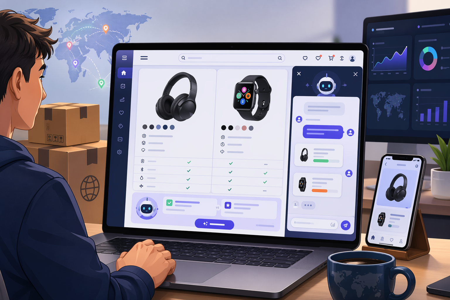 Electronics shopper comparing headphones and smartwatch with chatbot assistance