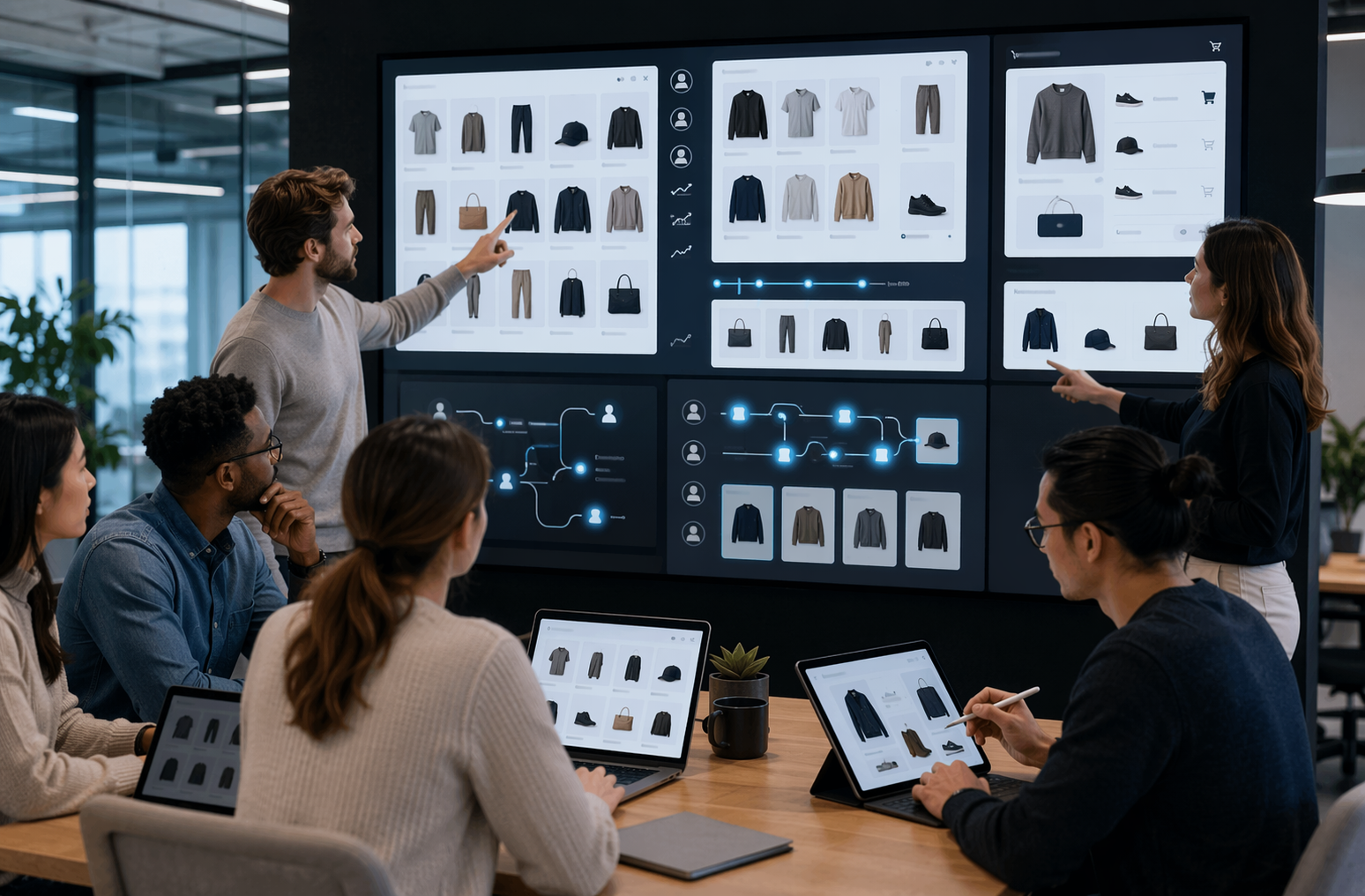 Merchandising team reviewing live product grid on storefront dashboard