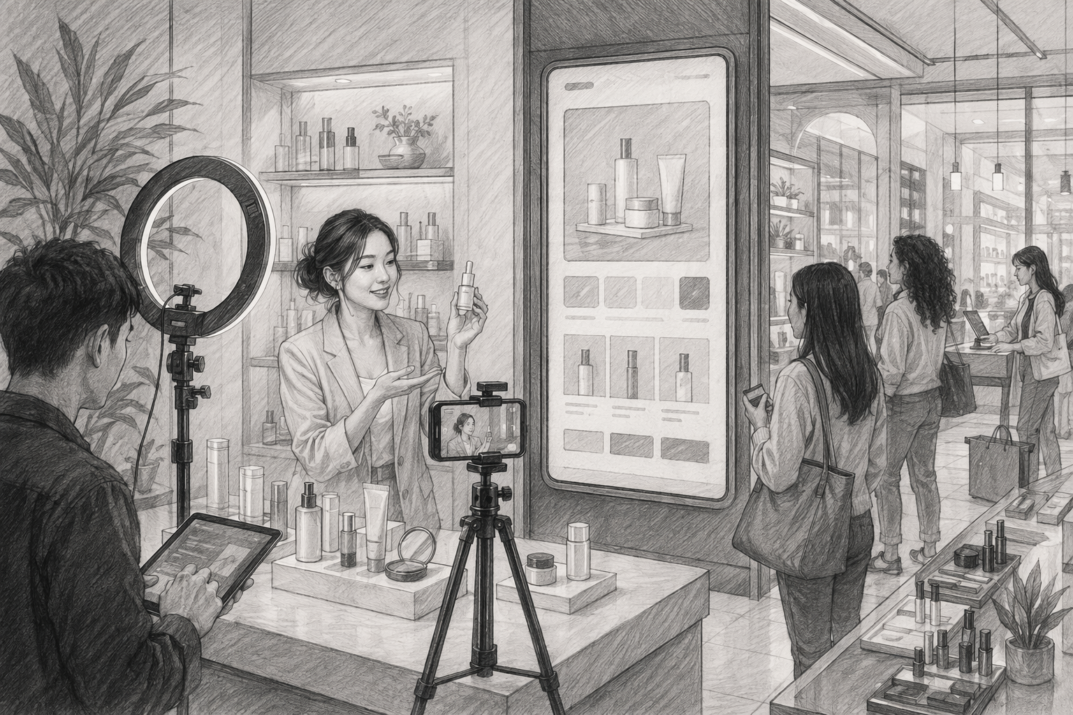Beauty team hosting live product demo beside storefront video widget