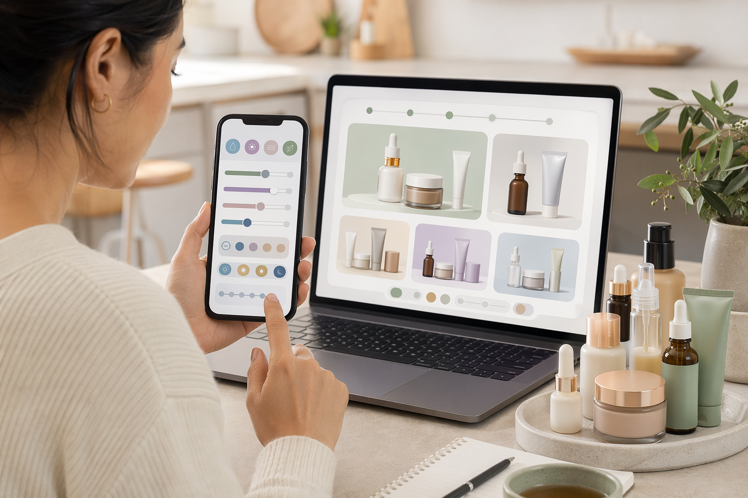Shopper selecting preferences on phone beside skincare samples and laptop