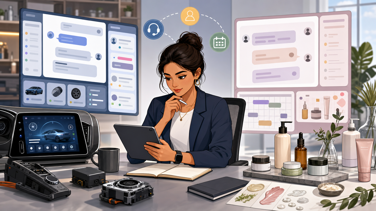 Product specialist reviewing chatbot notes beside EV dashboard