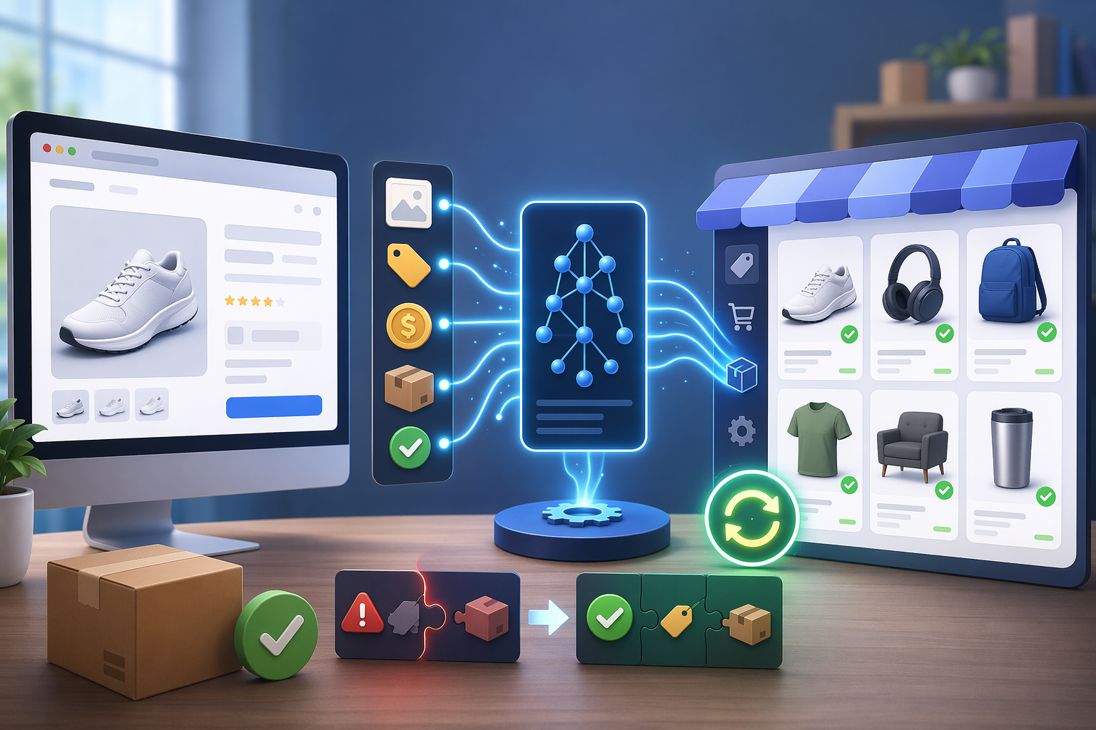 Product page schema sync diagram with automation controls