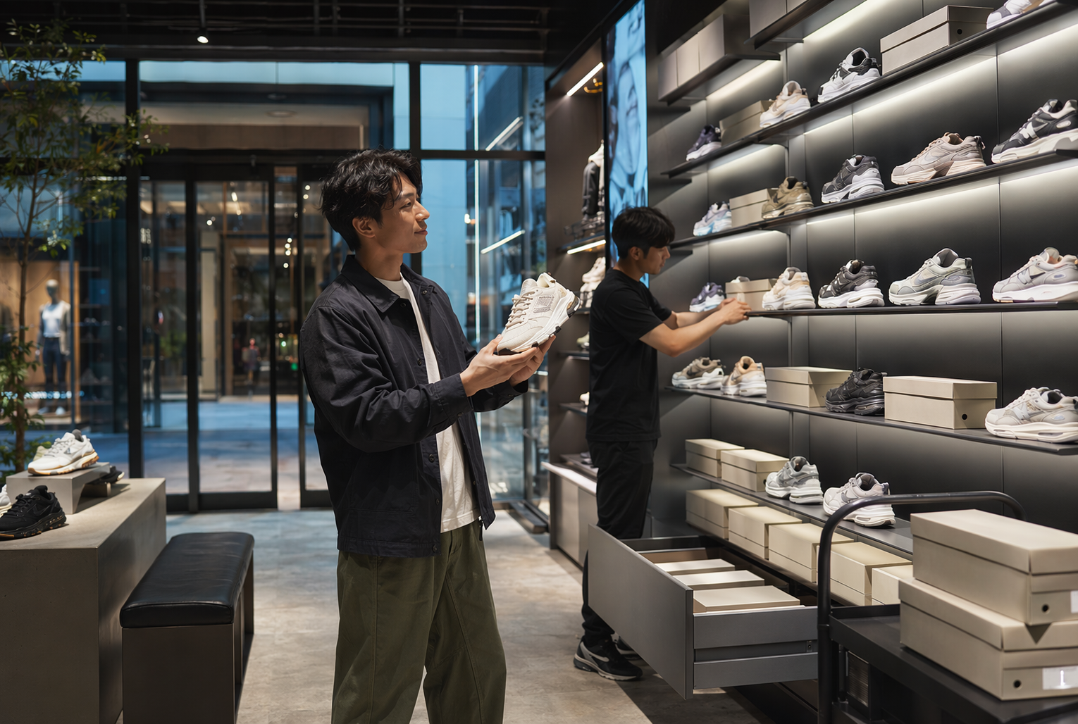 Shopper compares sneakers at illuminated storefront display