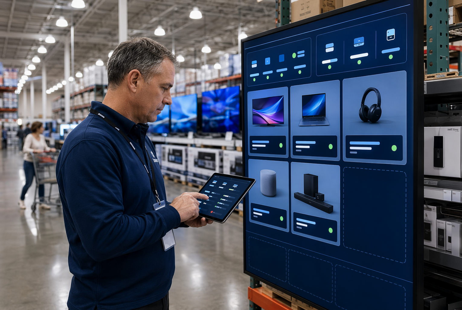 Store manager reviewing live inventory screen beside digital storefront display