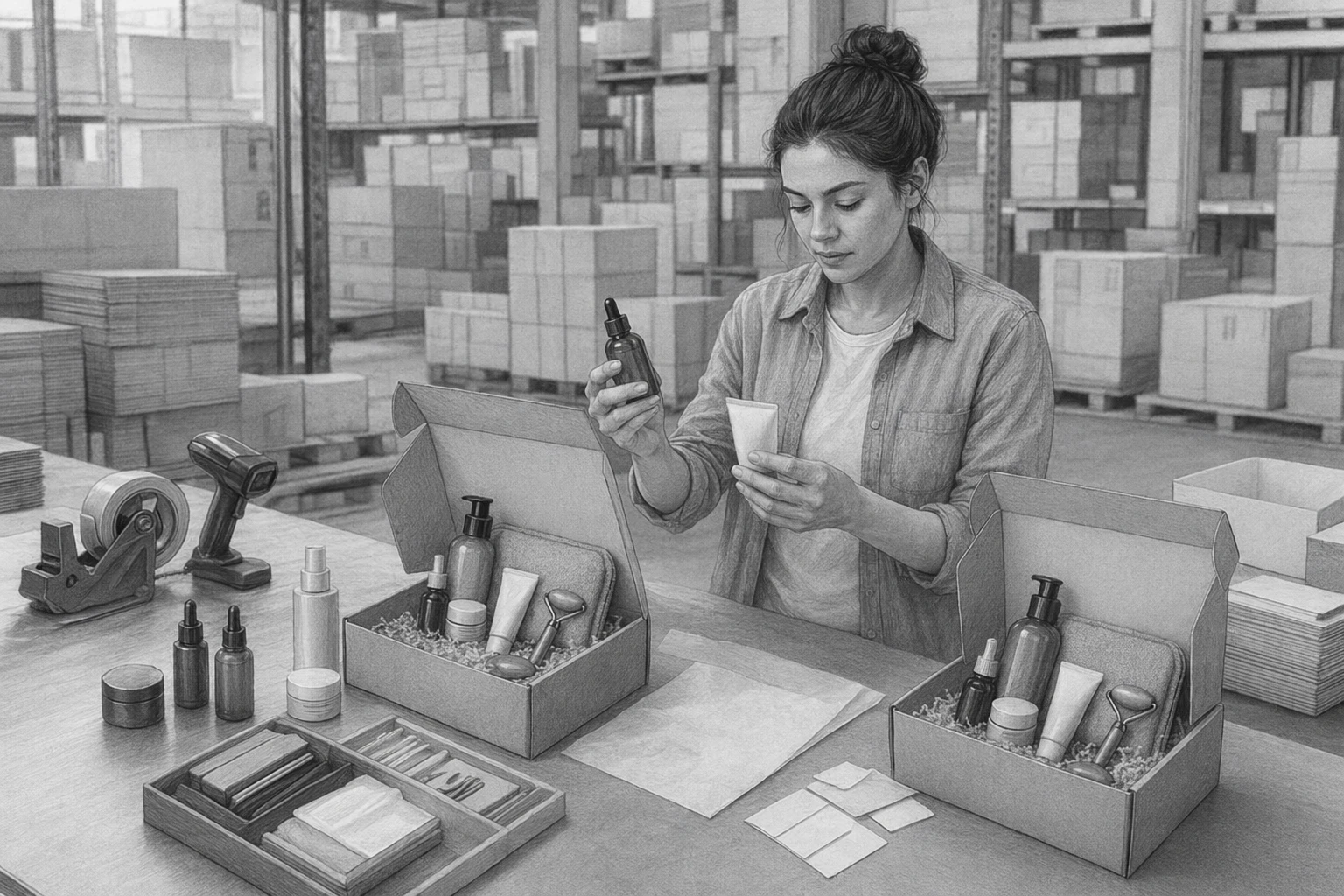 Ecommerce merchandiser reviewing skincare bundle selections
