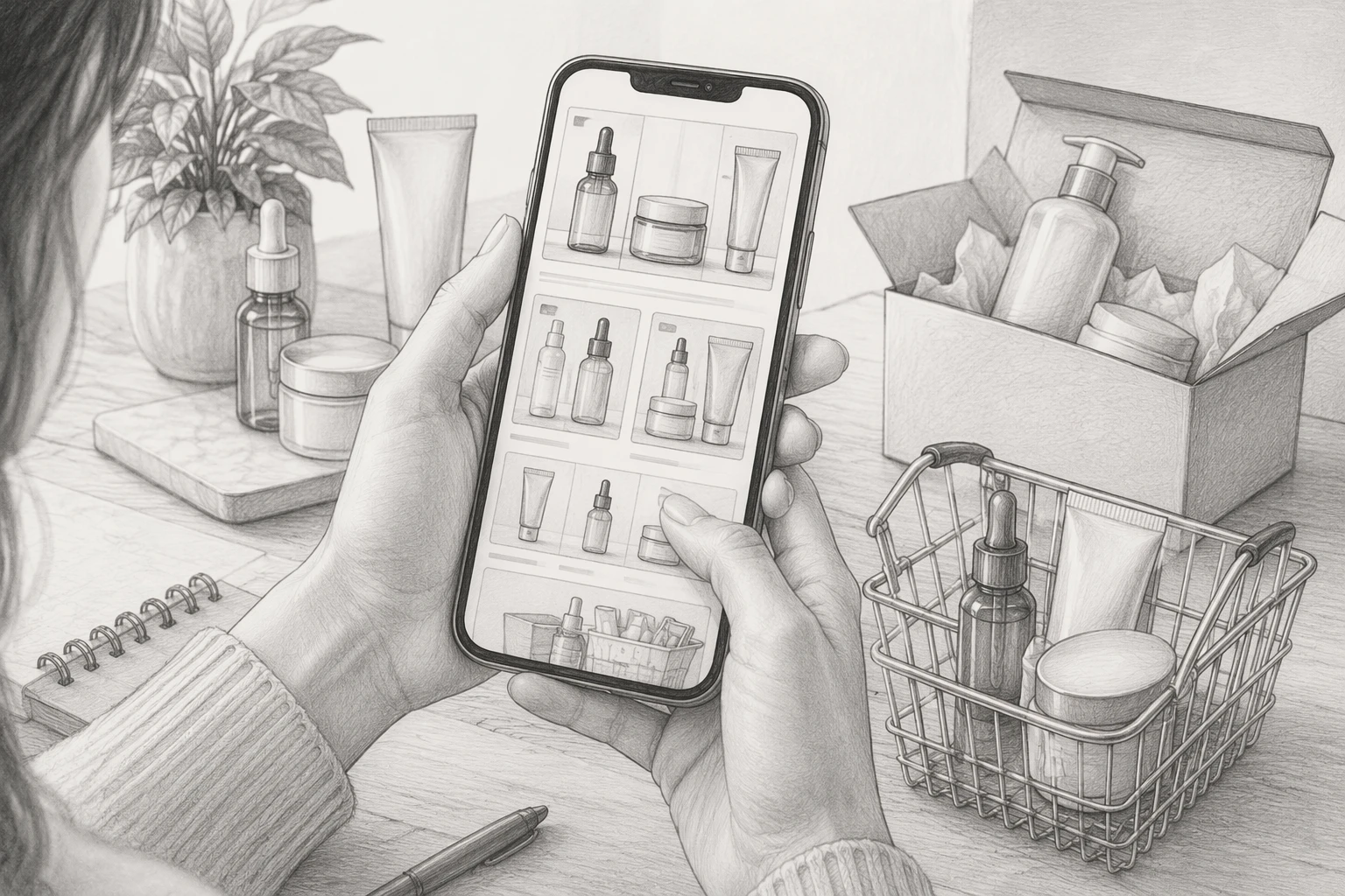 Shopper comparing skincare products on smartphone in D2C store