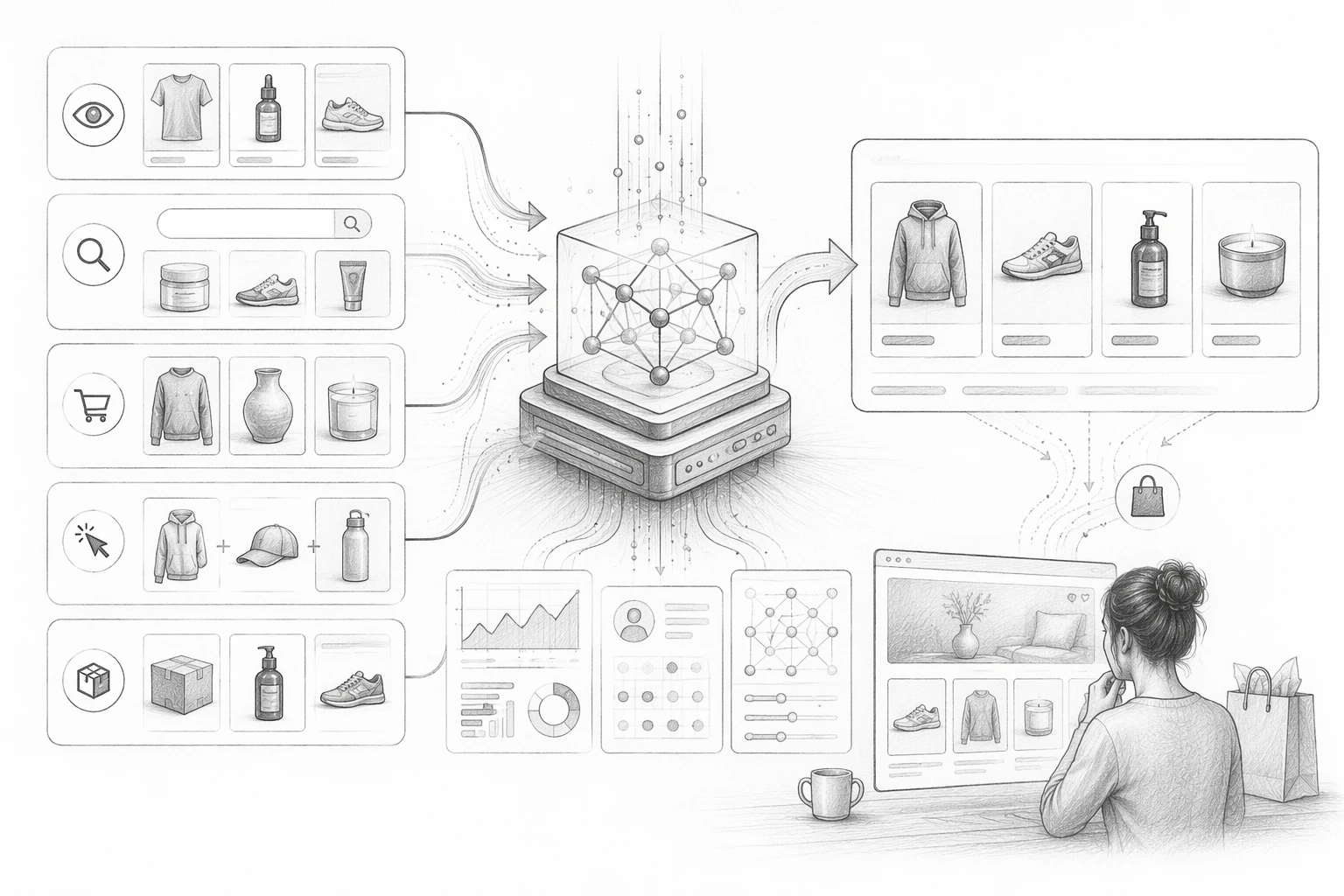 Flowchart of product data signals feeding recommendation system