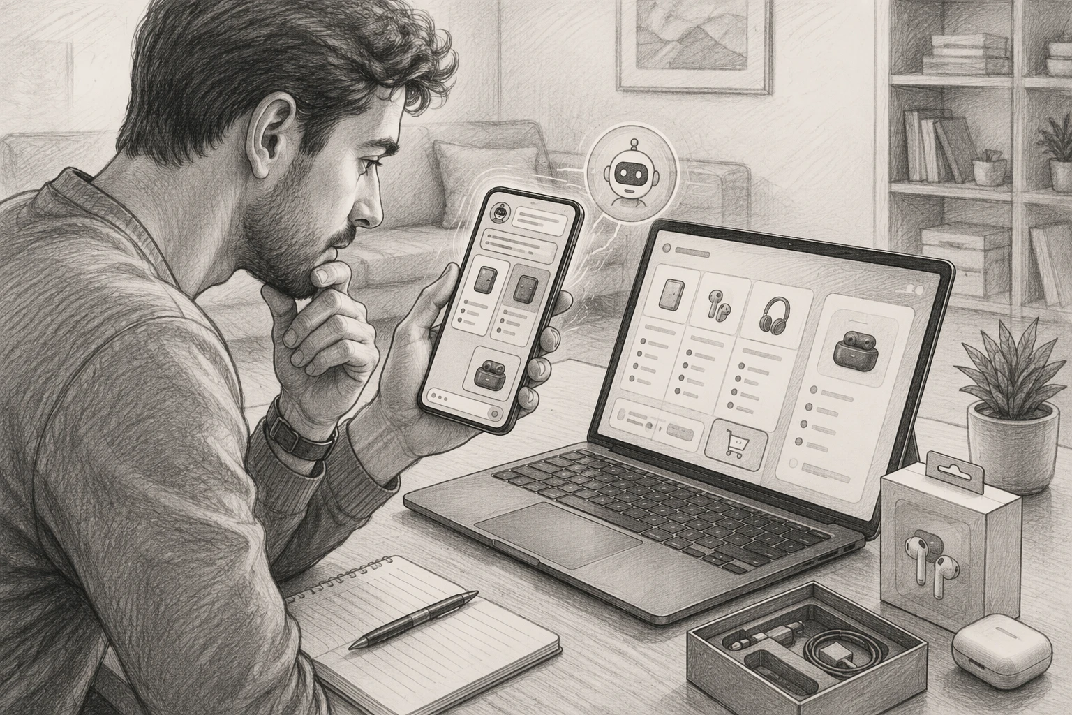Shopper comparing product specs with AI assistant