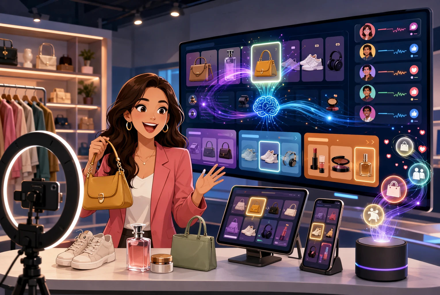 Live shopping host with AI recommendation screens