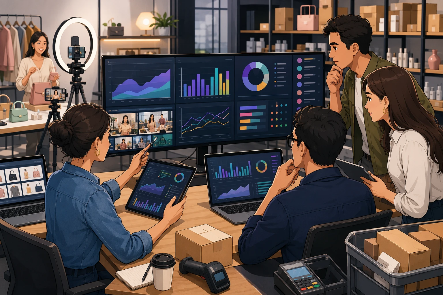 Ecommerce team analyzing live shopping metrics in studio
