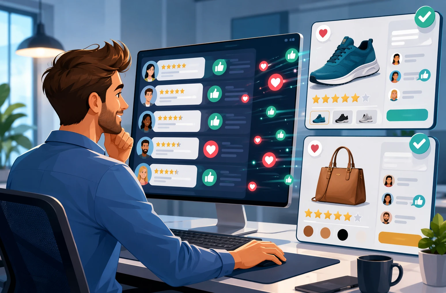 Ecommerce manager reviewing live shopper feedback dashboard