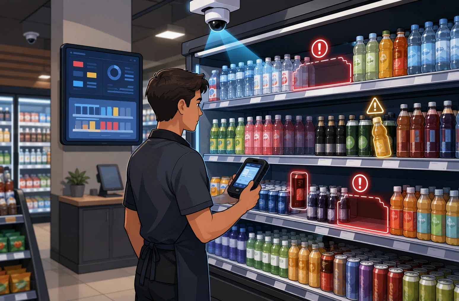 Store associate scanning shelves with AI compliance alerting