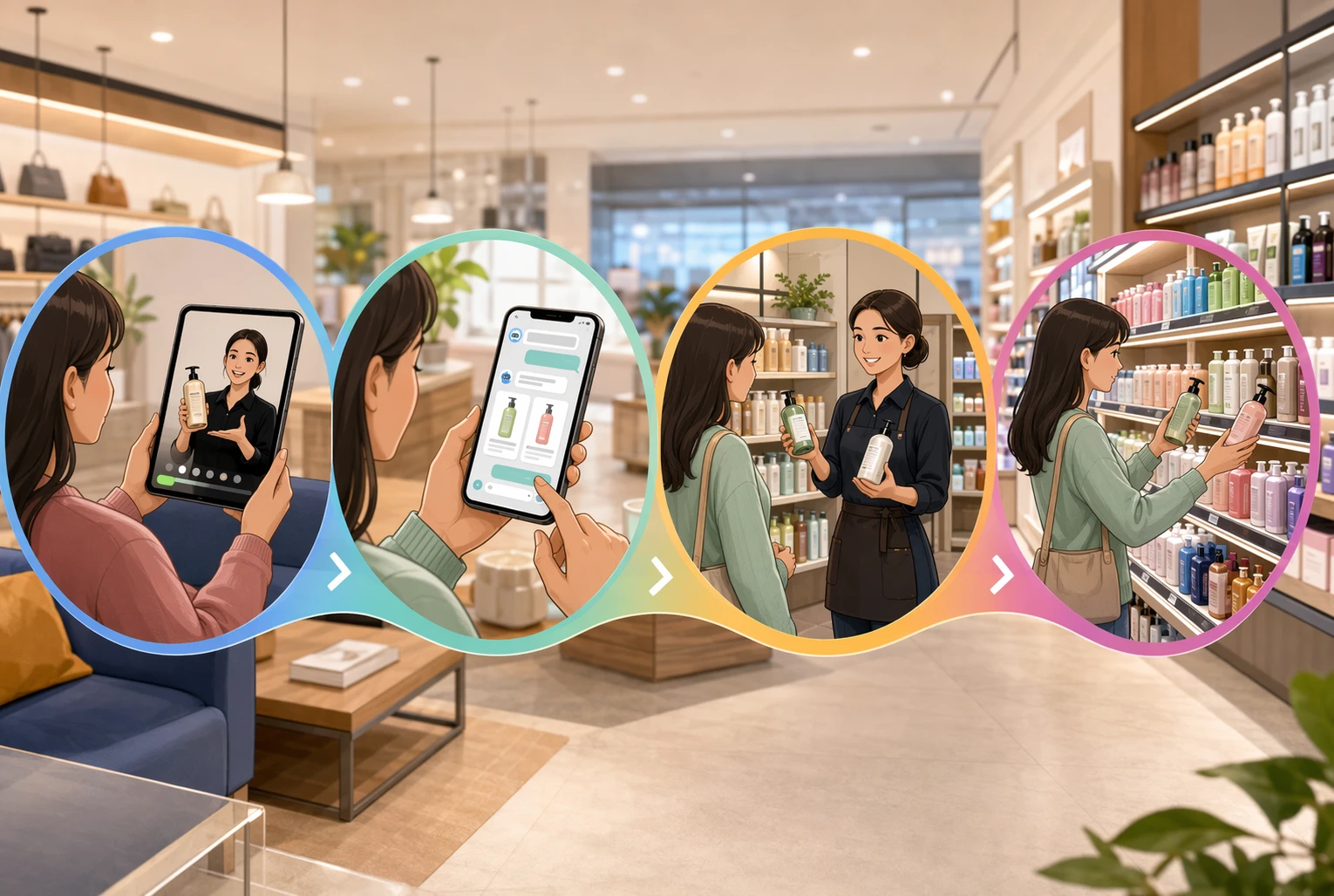 Retail staff using chat and tablet for product comparison