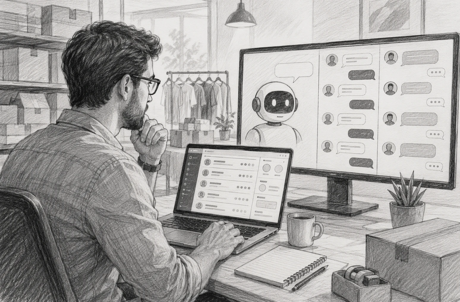 Ecommerce manager reviewing lead queue with AI chat engagement