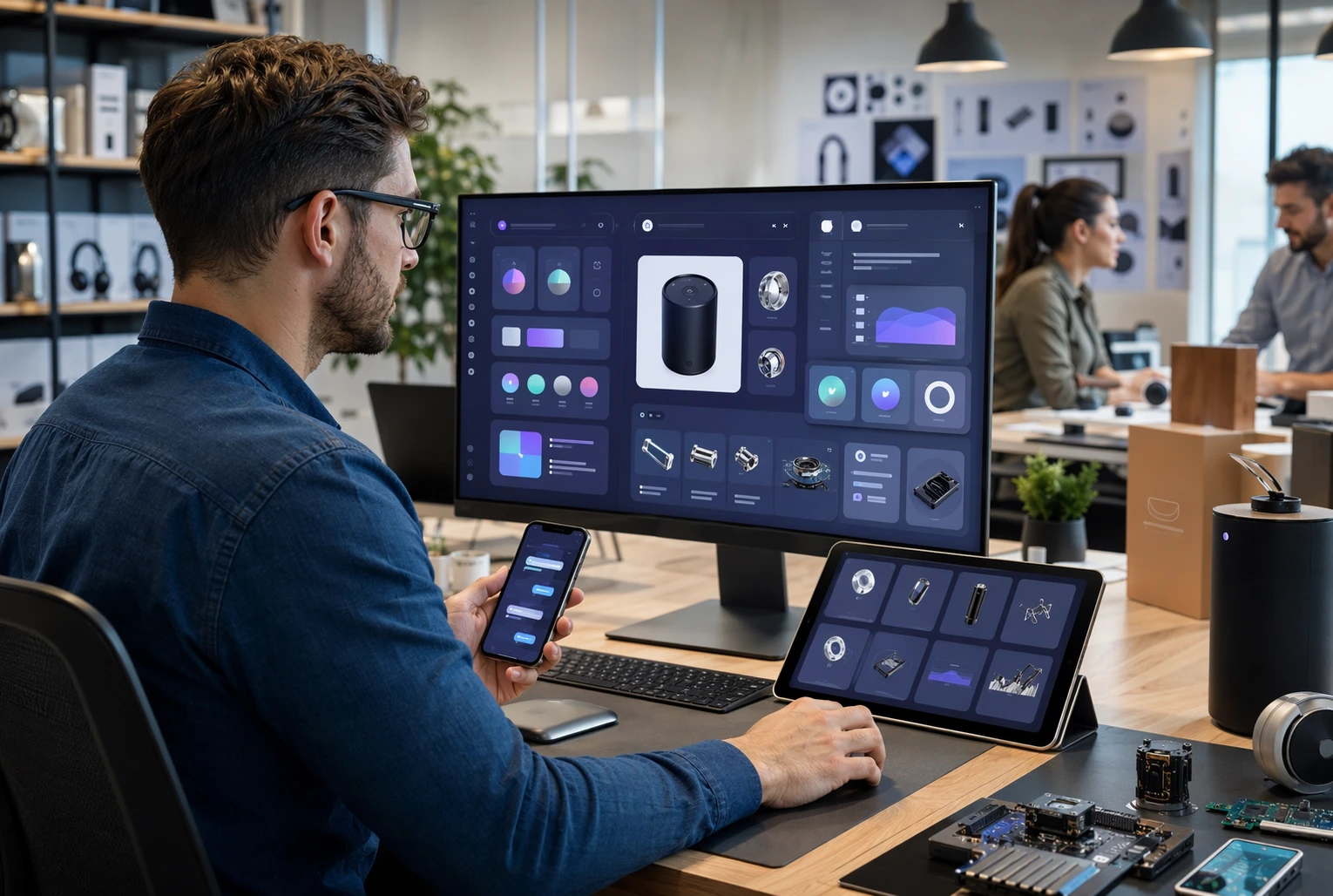 Ecommerce manager reviewing AI sales dashboard in busy office