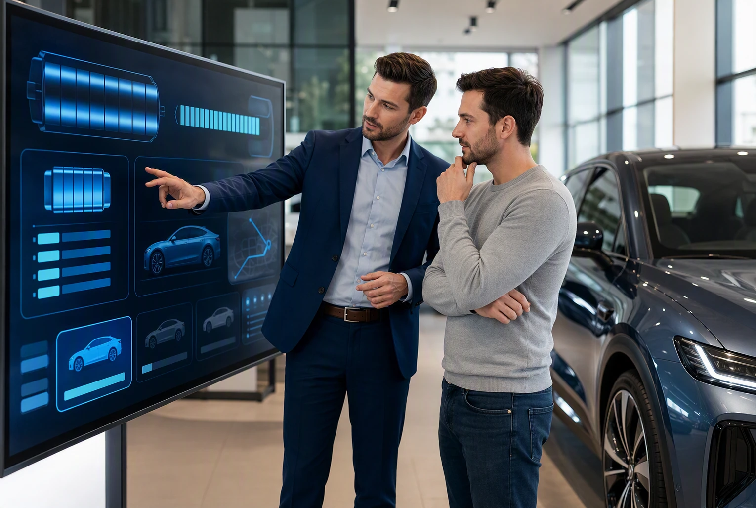 EV shopper reviewing battery specs with sales representative at showroom touchscreen
