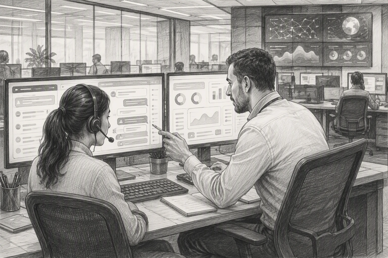 Customer support manager reviewing AI chat interactions