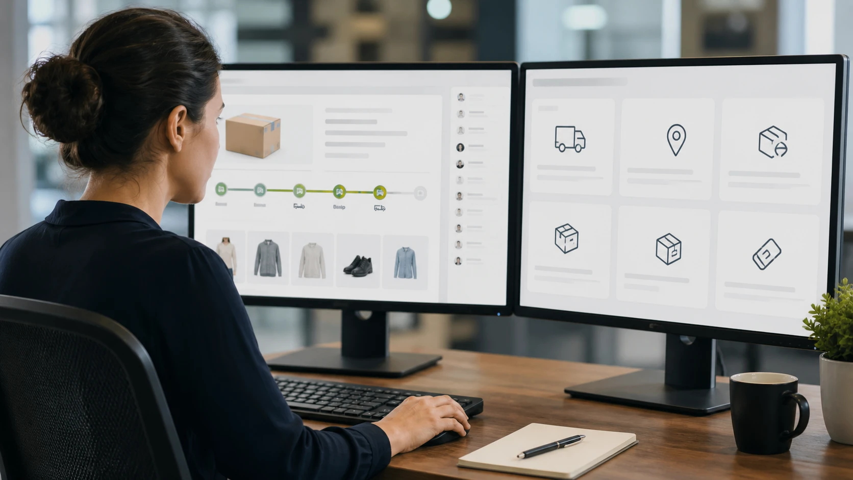 Customer support manager reviewing order data on dual monitors