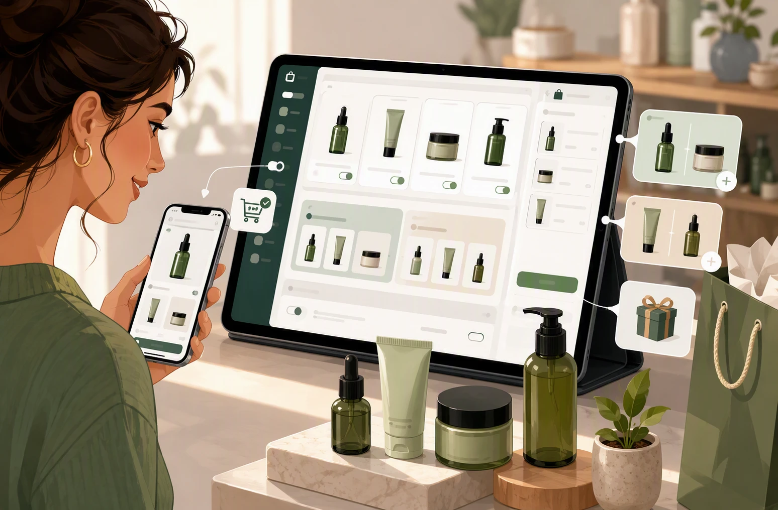 Shopper with smartphone beside skincare products and dashboard