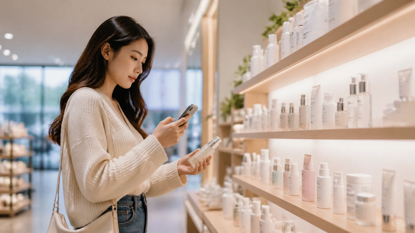 Shopper comparing skincare products with retail displays