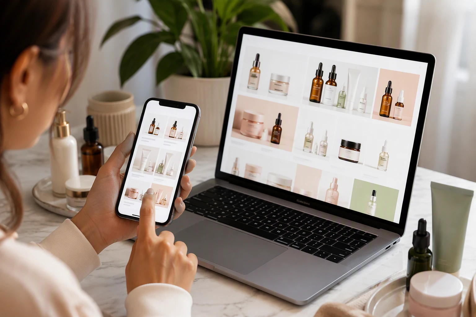 Shopper comparing skincare products on phone beside open laptop