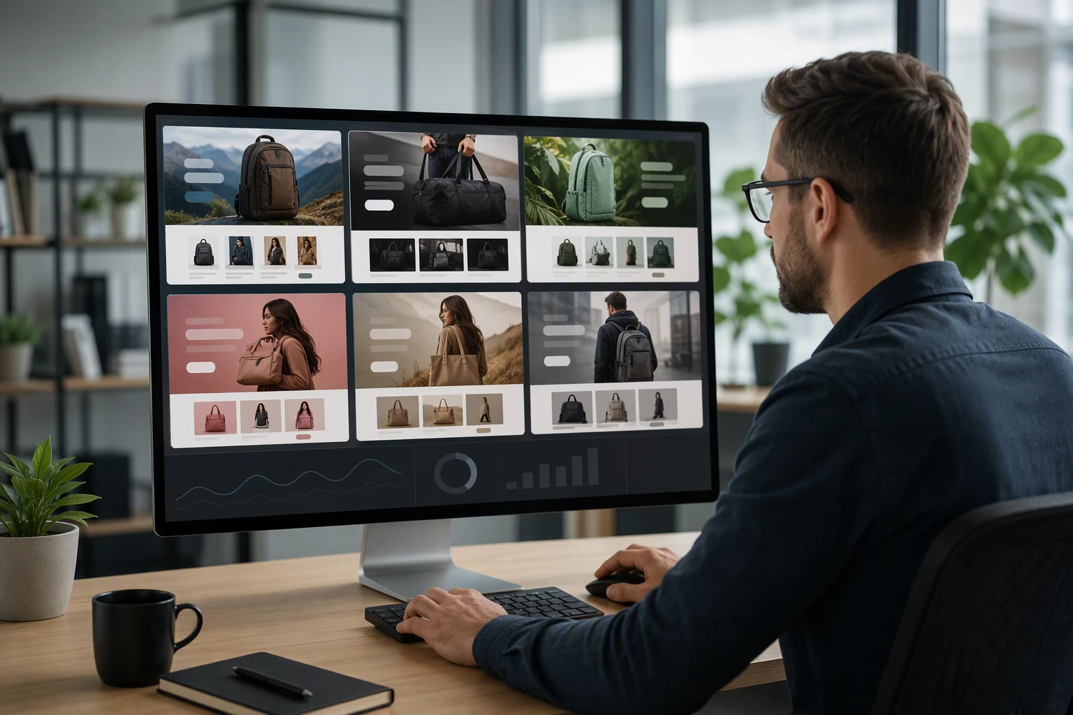Marketer reviewing tailored ecommerce landing pages on desktop