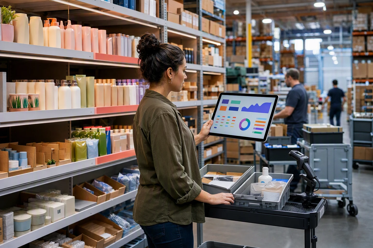 Merchandising manager reviewing inventory dashboard