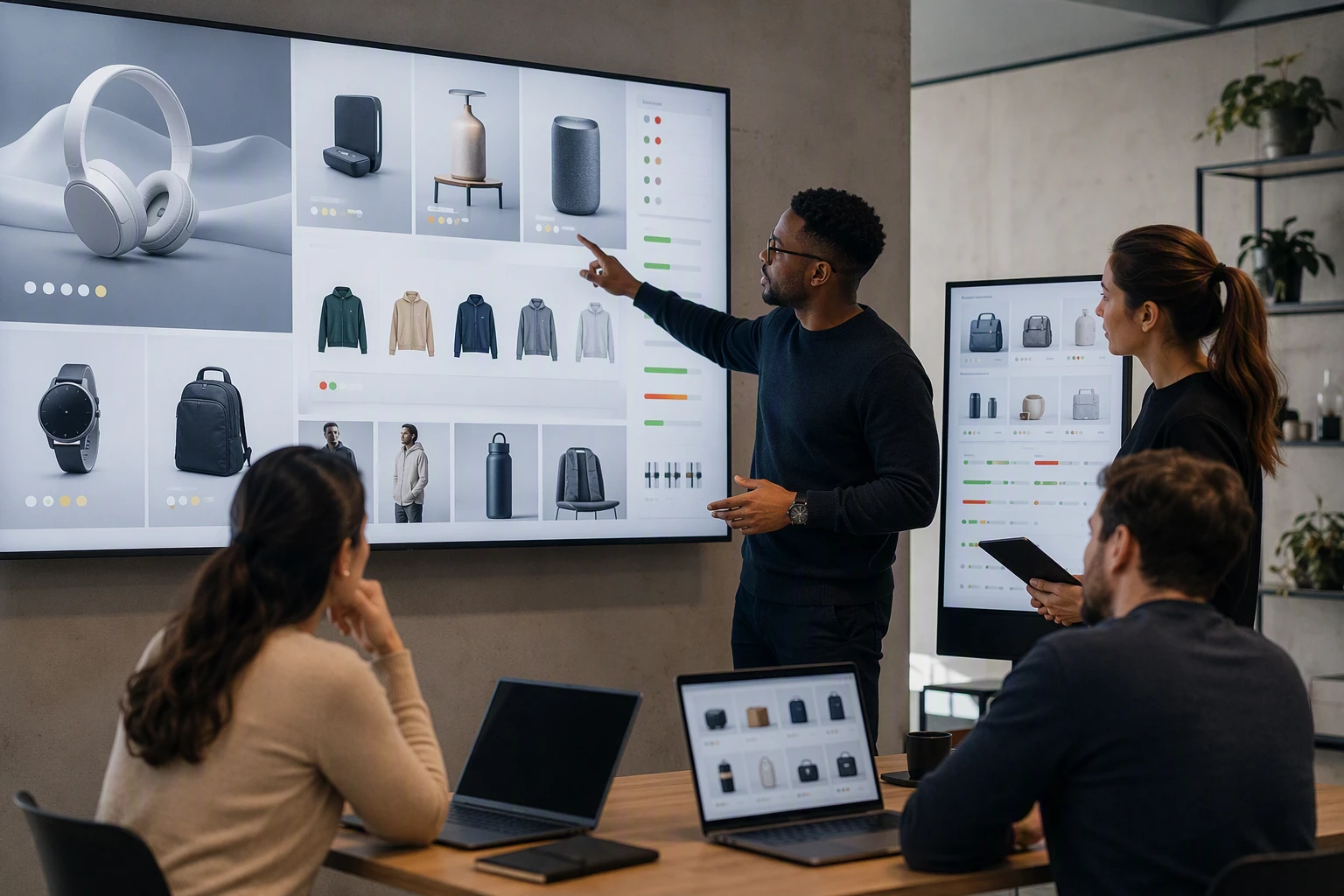 Ecommerce team reviewing live product display