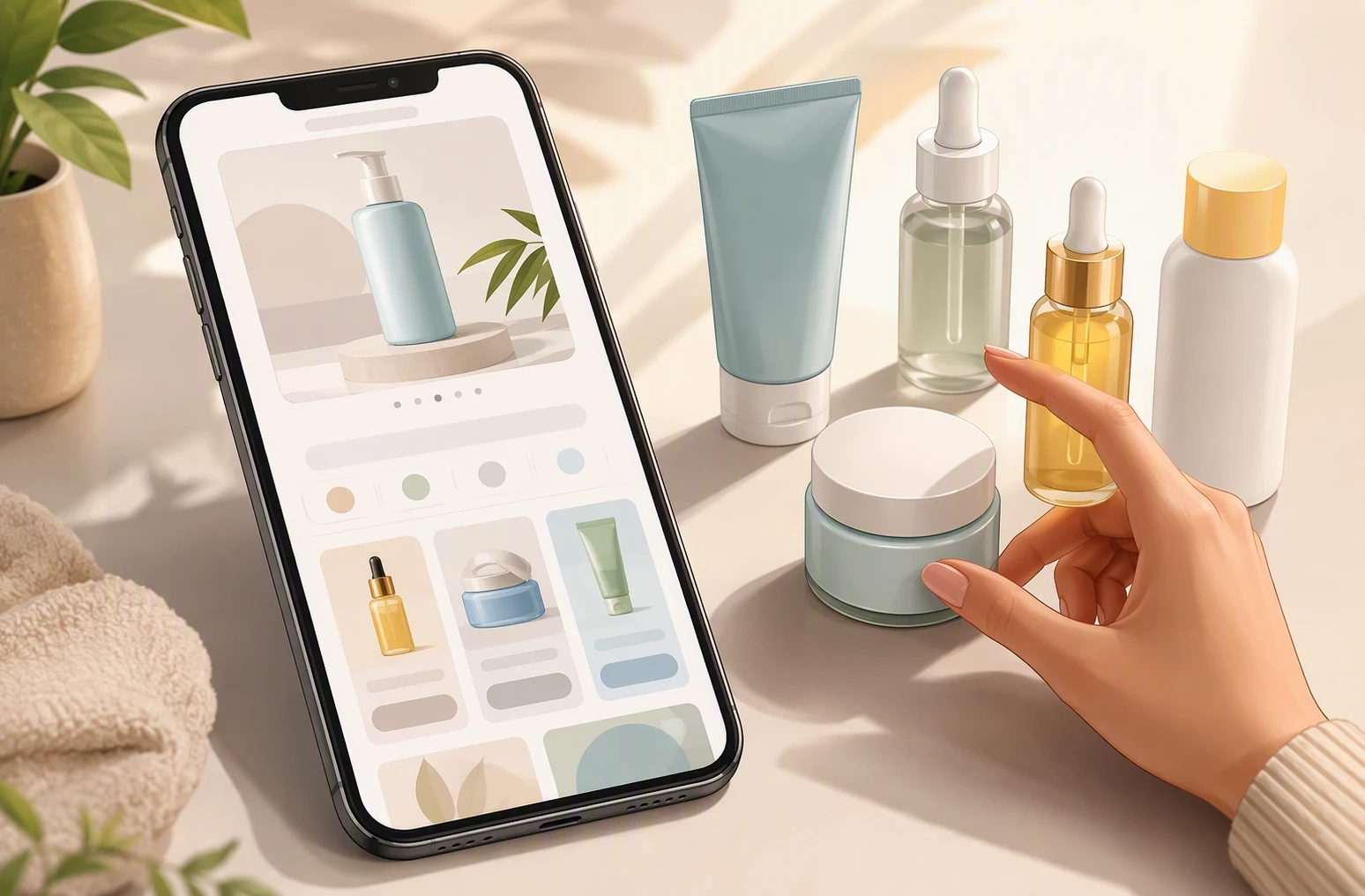 Shopper comparing skincare add-ons beside open mobile product page
