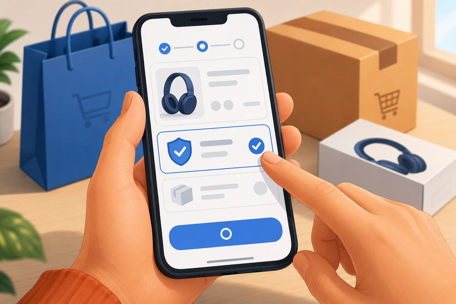 Shopper tapping warranty add-on on mobile checkout screen