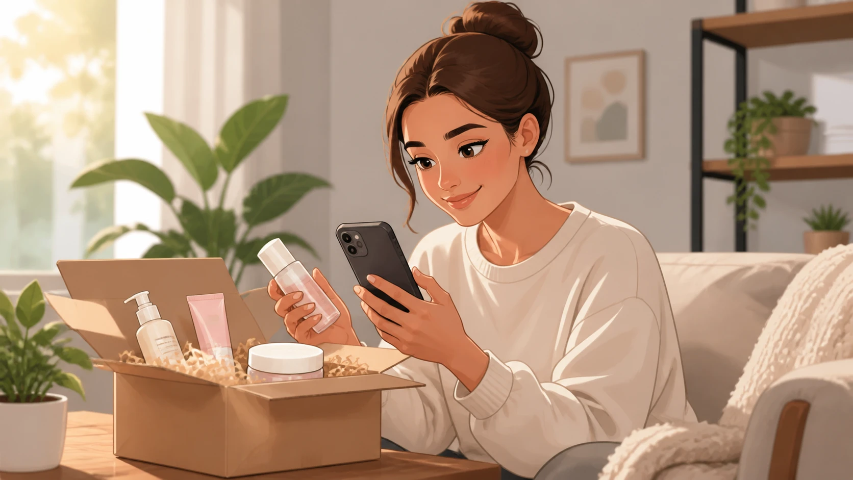 Customer opening skincare box with phone displaying follow-up offers