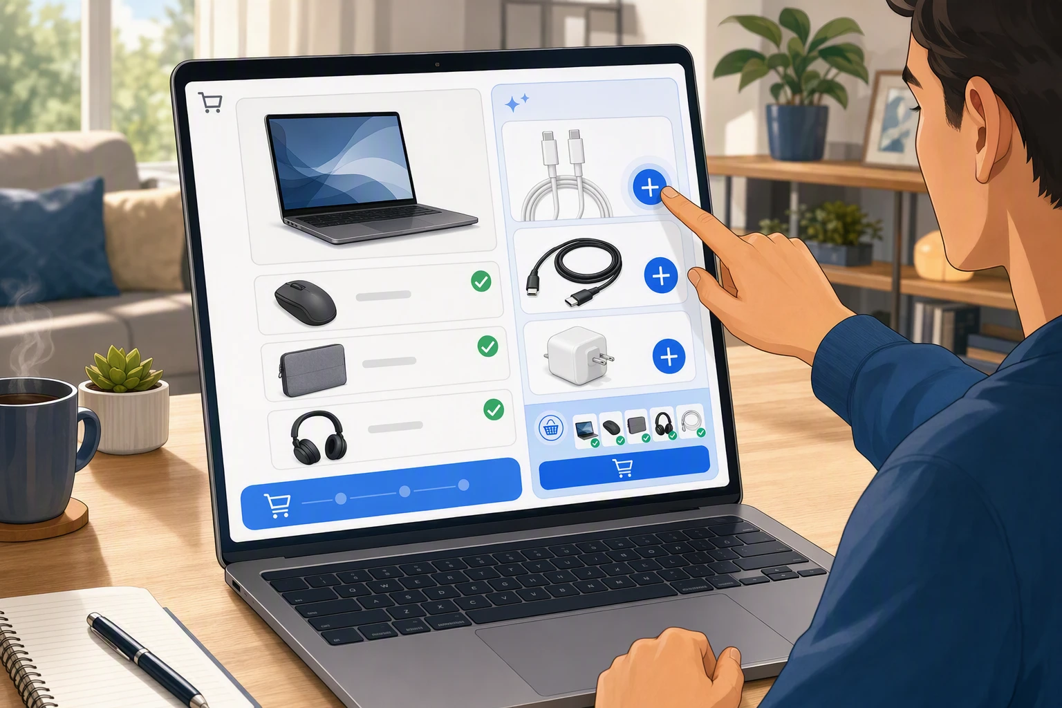 Shopper reviewing cable add-on suggestions beside filled online cart