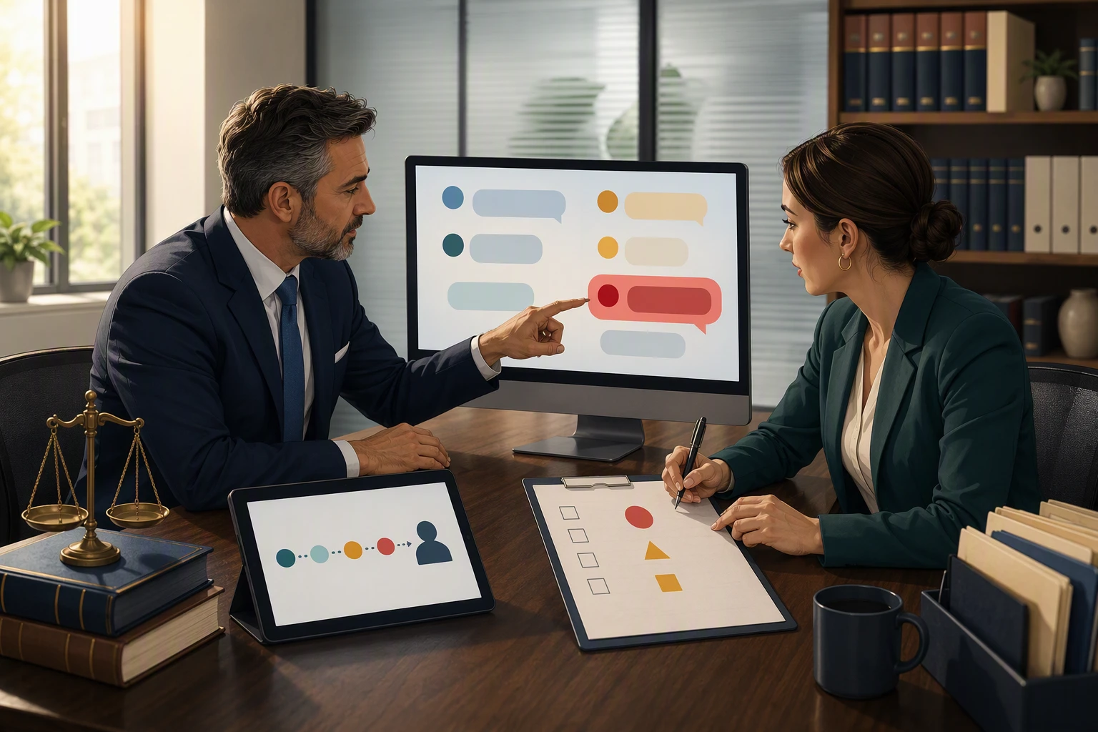 Lawyer reviews pilot chatbot responses with coordinator