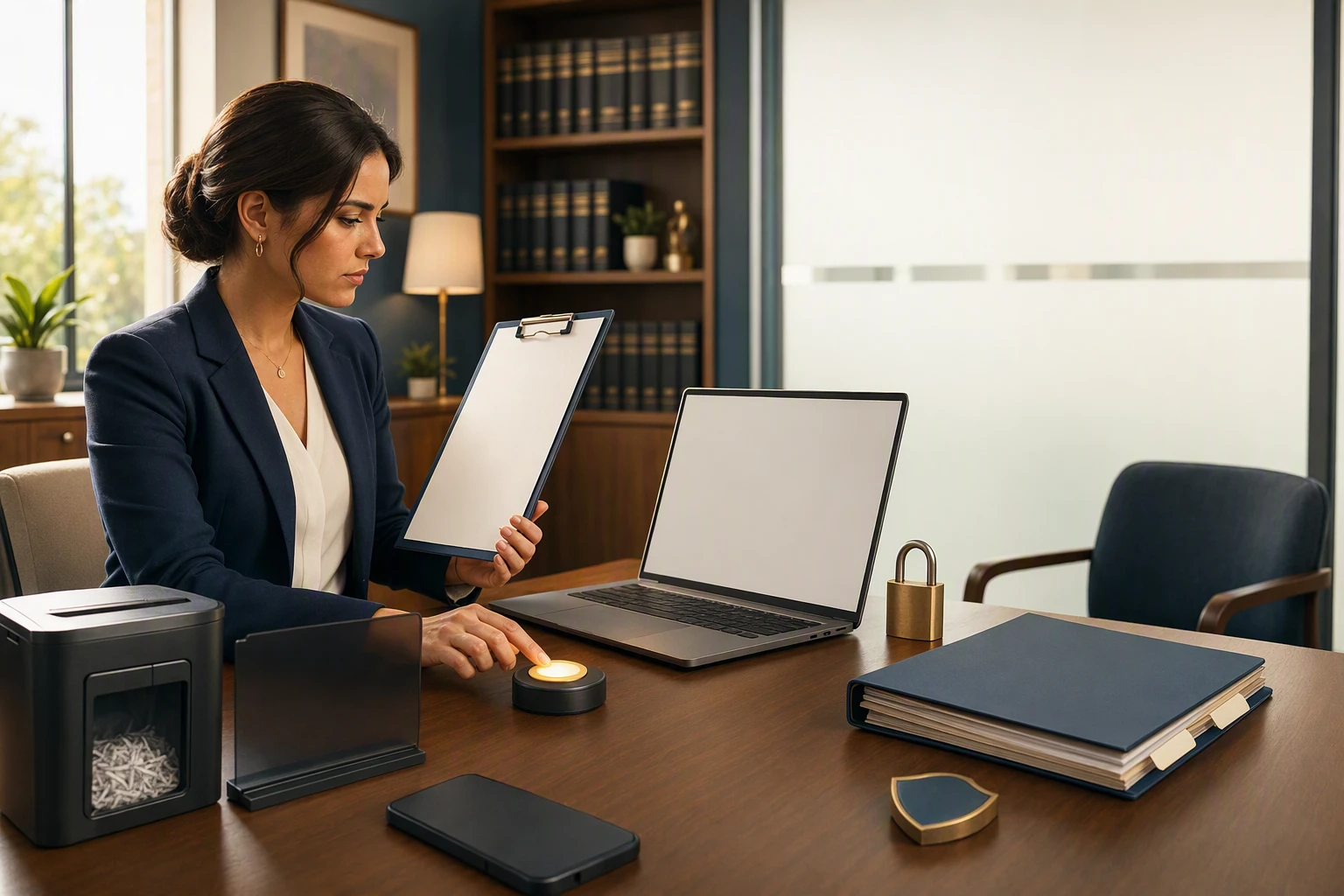 Lawyer reviewing chatbot security settings with client files