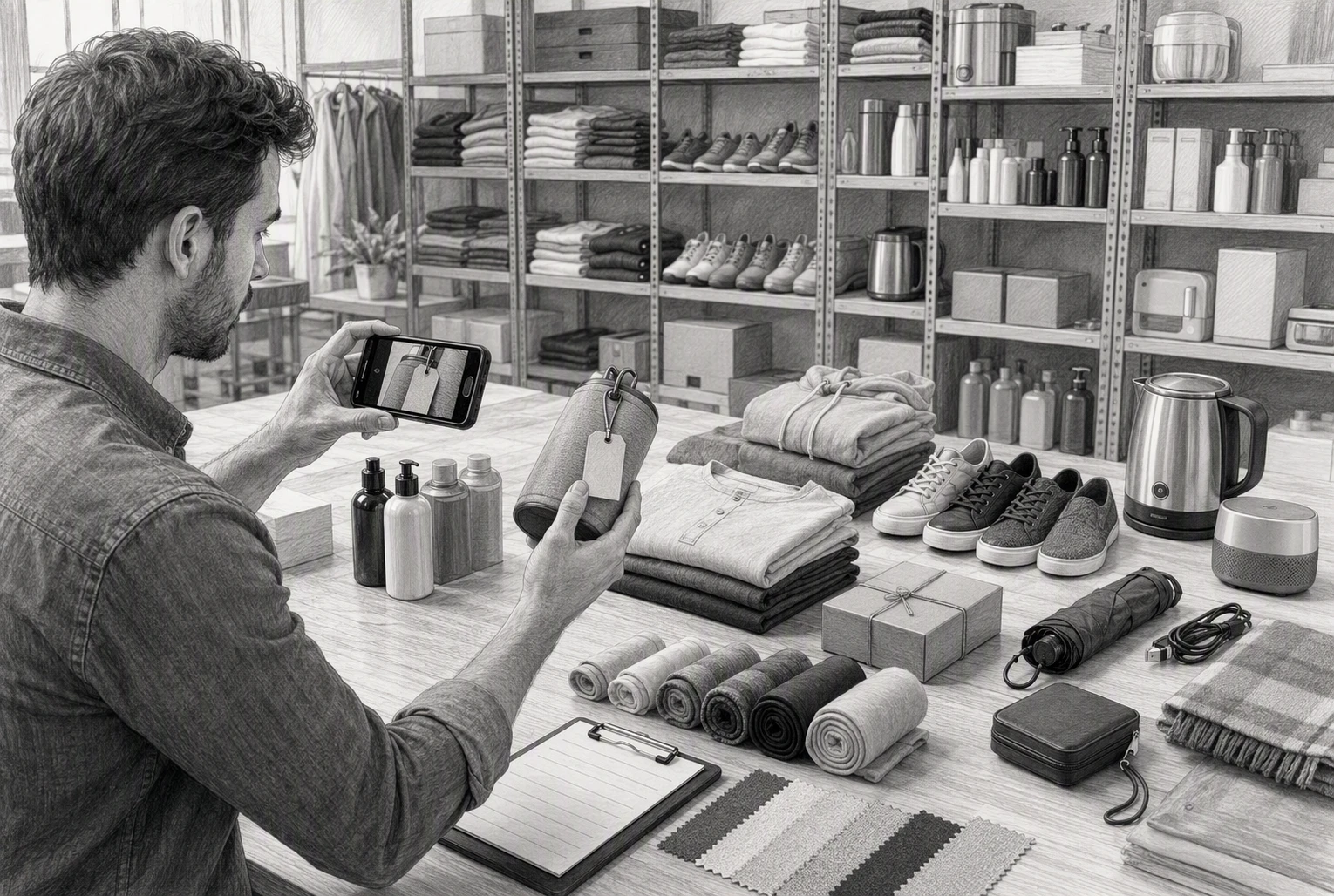 Catalog manager scans product labels against organized inventory shelves