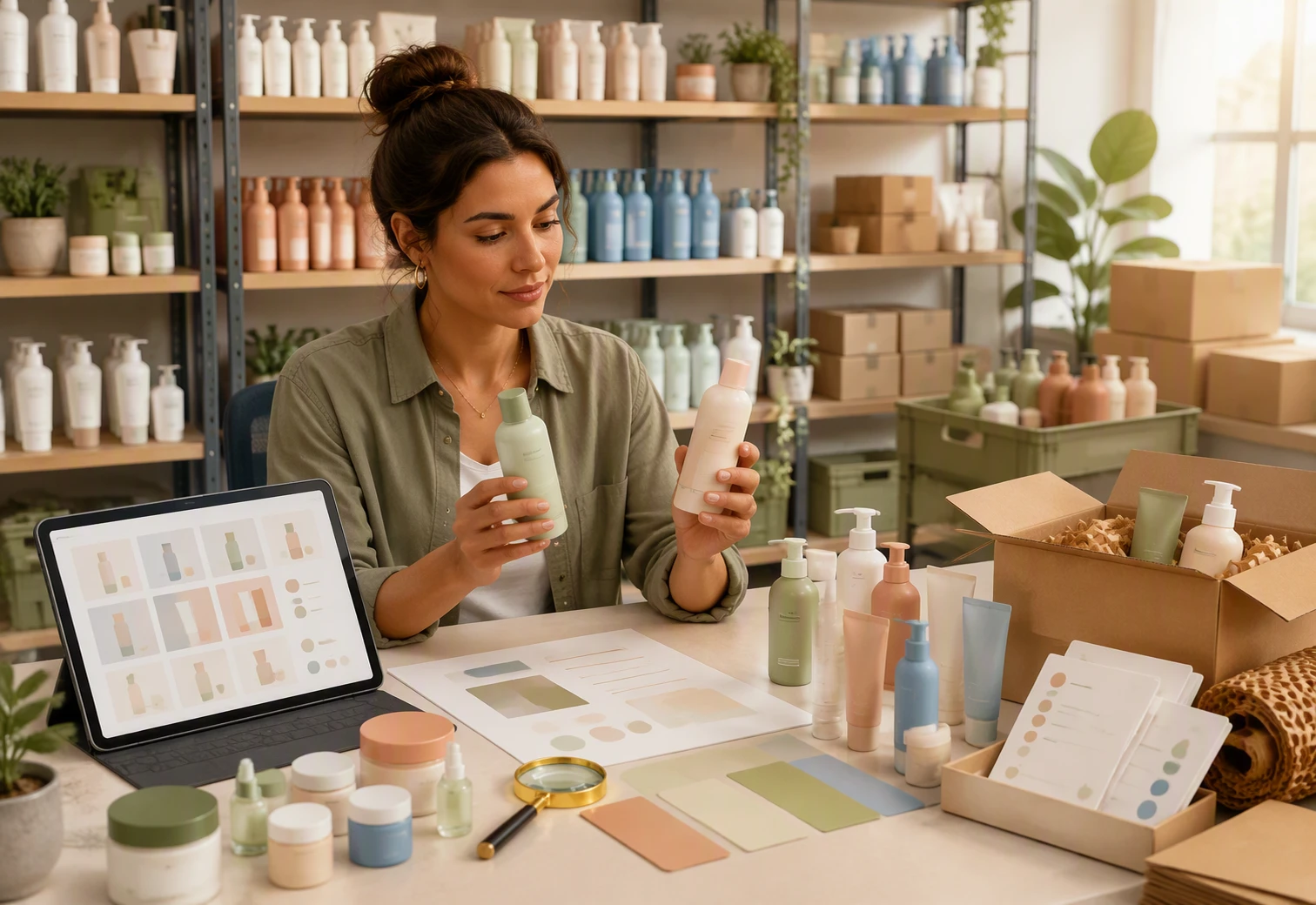 Skincare manager inspecting product labels and variant data at warehouse desk