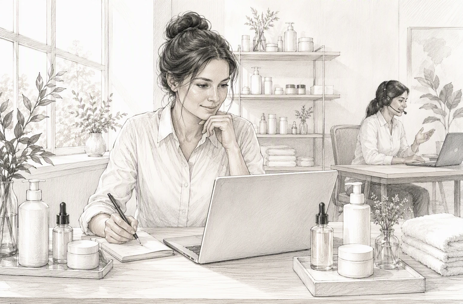 Shop owner reviews AI chat responses beside skincare products