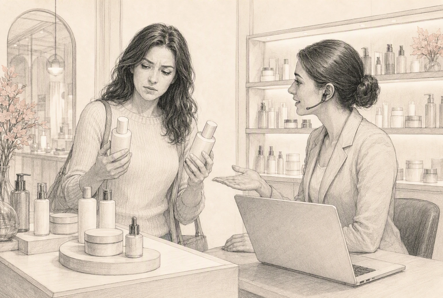 Beauty shopper compares moisturizers while agent monitors proactive chat insights