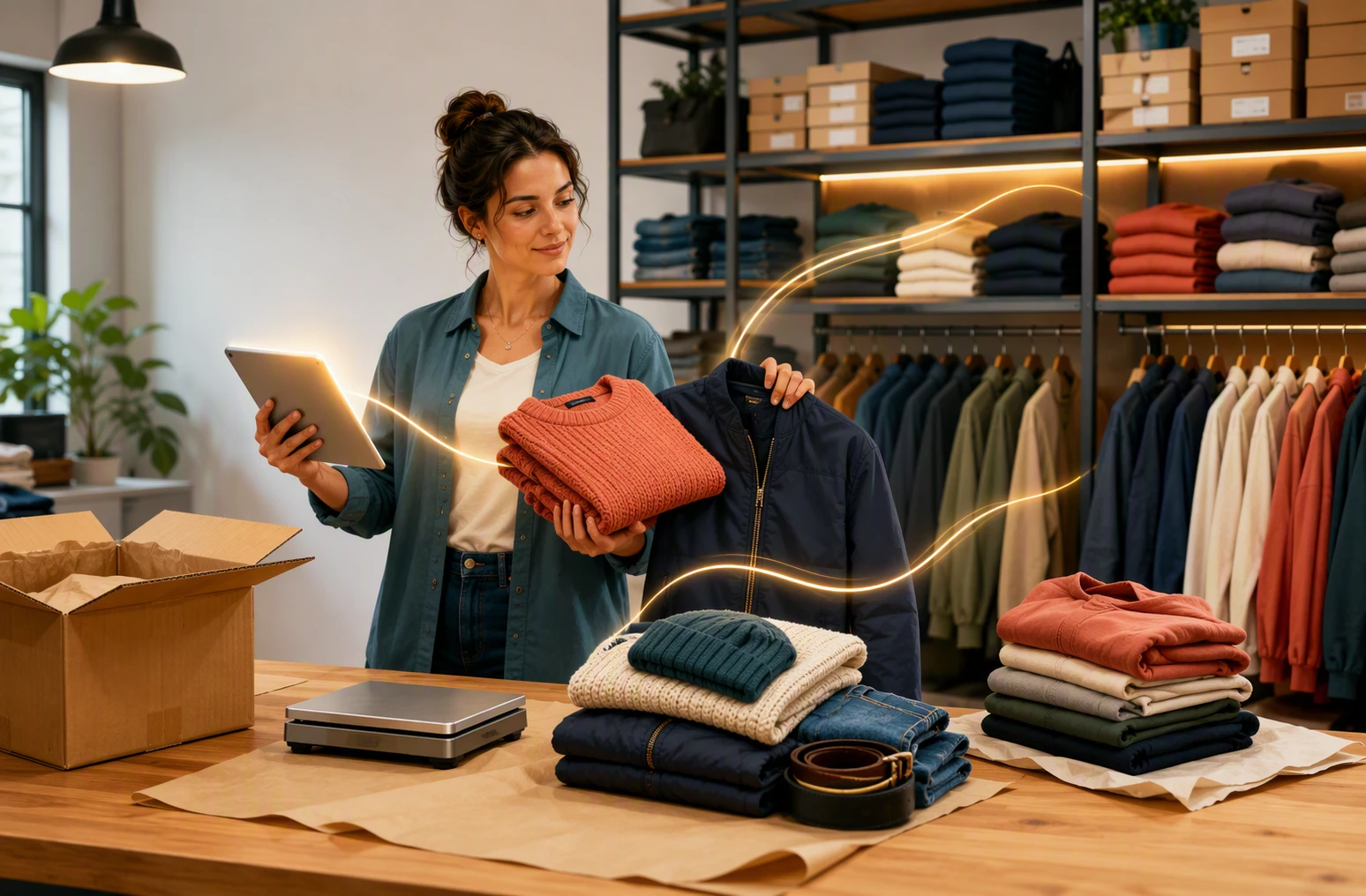Merchant reviews AI-driven inventory recommendations beside organized retail shelves