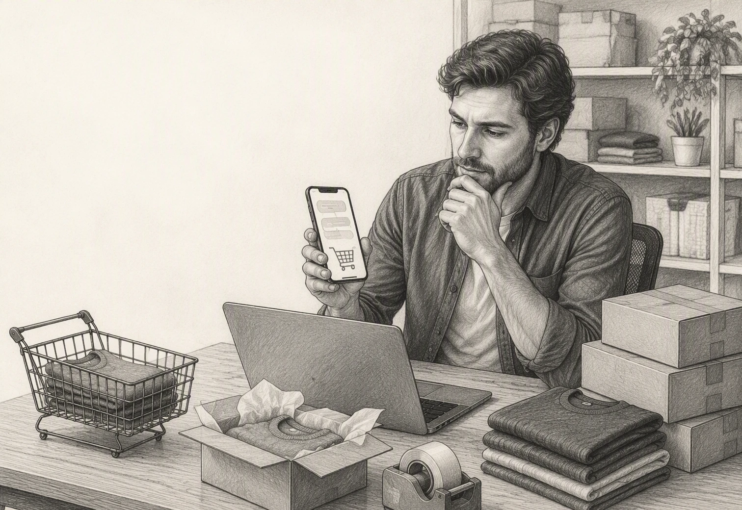 Shopify founder reviewing WhatsApp cart recovery on laptop beside packed orders