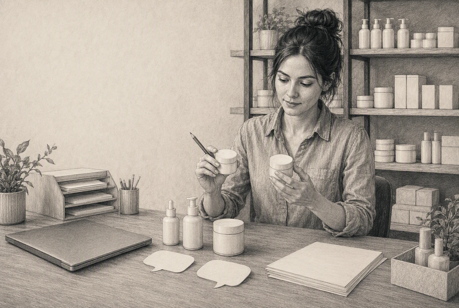 Shopify founder reviewing structured product chats beside neatly organized skincare shelves