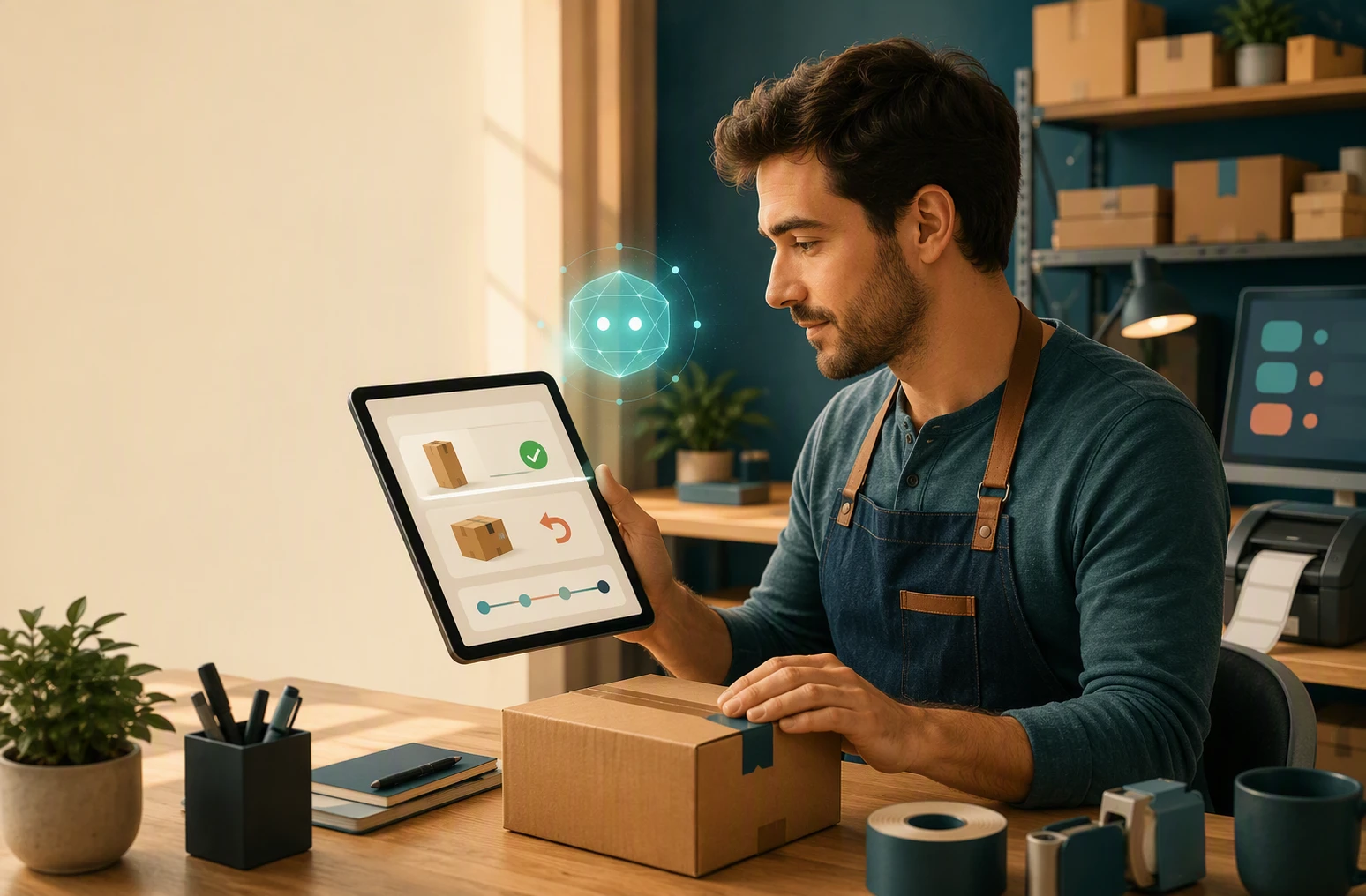 Merchant reviews AI order details on tablet