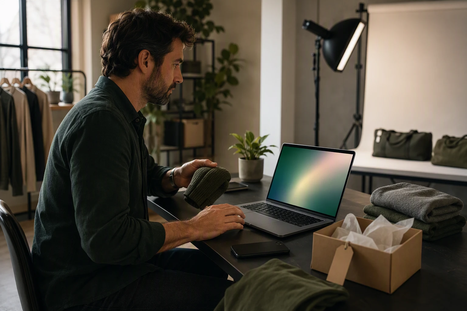 Shopify founder reviewing AI chat recommendations on laptop