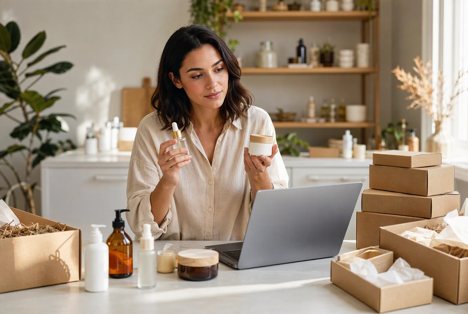 Shop owner reviewing product questions beside orders