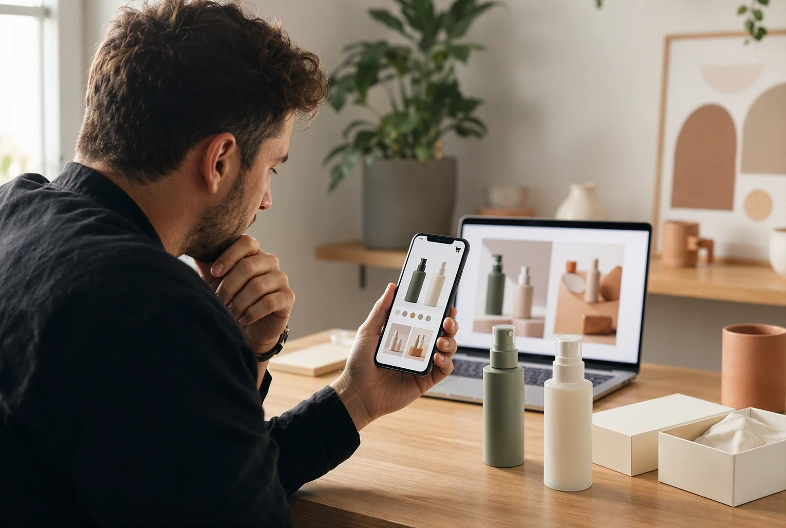 Founder comparing products on mobile storefront