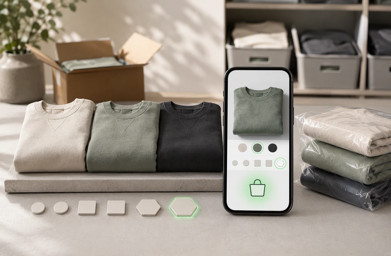 A clean workspace with a smartphone displaying a product card with color swatches, a shopping cart icon, and a neatly arranged selection of apparel variants