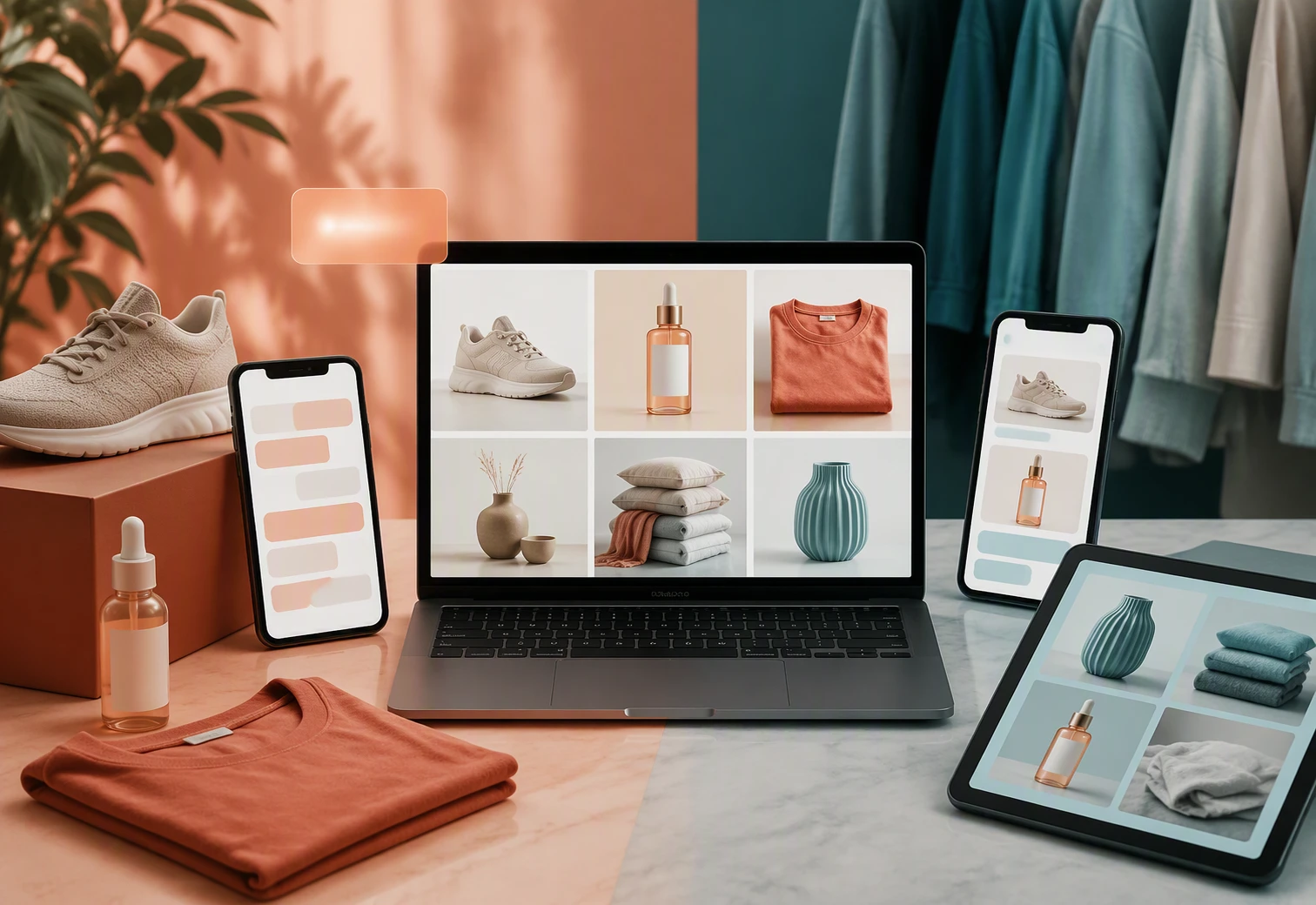 Two chatbot interfaces beside storefront product displays